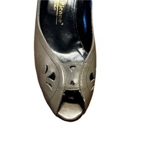 Vintage 80s Womens Peep Toe Pumps Gray Leather Kitten Heel Art Deco Chic Sz 7.5